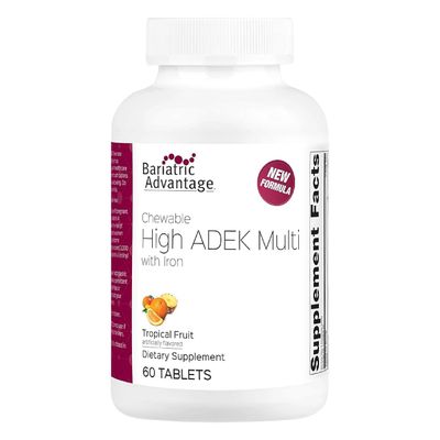 Bariatric Advantage Chewable High ADEK with Iron - for Bariatric Patients - High Potency Vitamin A, D, E K - Includes B-Vitamins - Chewable Multivitamins - Tropical Fruit - 60 Tablets