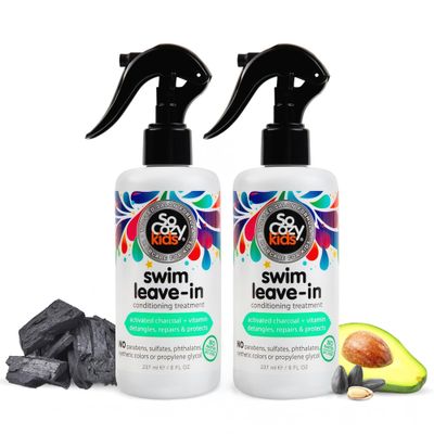 SoCozy Swim 2-in-1 Leave In Conditioner Spray Treatment for Kids Hair (8 Fl Oz, Pack Of 2) Protects Repairs Pool, Sun Salt Damaged Hair, Activated Charcoal, Vitamin B5 Sunflower Seed Extract