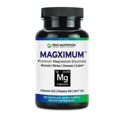 Trio Nutrition MagX Magnesium Glycinate, Vitamin D3, Vitamin K2 MCT Oil Chelated Magnesium Supplement Calm, Relaxation Recovery Be Well Rested Start Your Day with Magximum