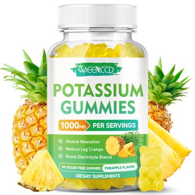 Potassium Citrate Gummies 1000mg, High Potency Potassium Supplement Gummies for Adults Women Men, Support Leg Cramps Muscle Health, Sugar-Free, Pineapple Flavor, 60 Count