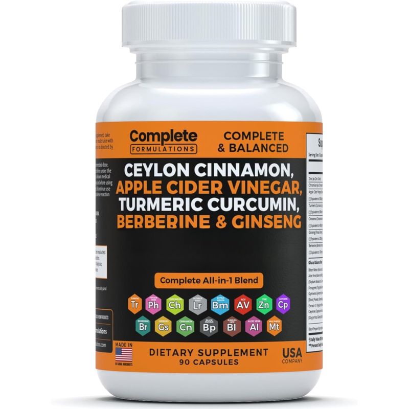 Complete Formulations Ceylon Cinnamon Capsules with Berberine, Apple Cider Vinegar, Turmeric Curcumin, Ginseng, Zinc, Milk Thistle, Bitter Melon, Fenugreek More
