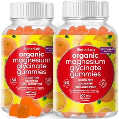 BionerLab Magnesium Glycinate Chewable Gummies (600mg) for Kids Adults Women Men - Vegan Complex with Calcium Potassium Vitamin D B6 L-Theanine - Sugar Gluten Free - Orange Flavor