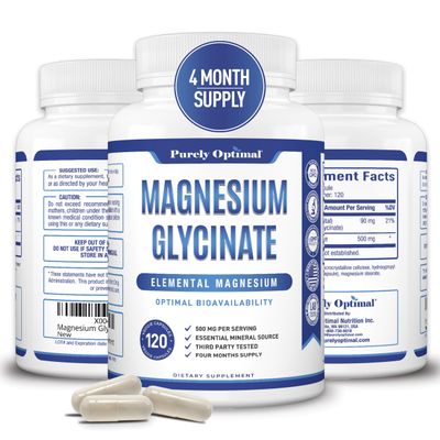 Purely Optimal Magnesium Glycinate 500mg - Premium Non-Buffered Supplement for Sleep, Calm Muscle Function Support, 120 Easy-to-Swallow Capsules - High Absorption Gentle on Stomach