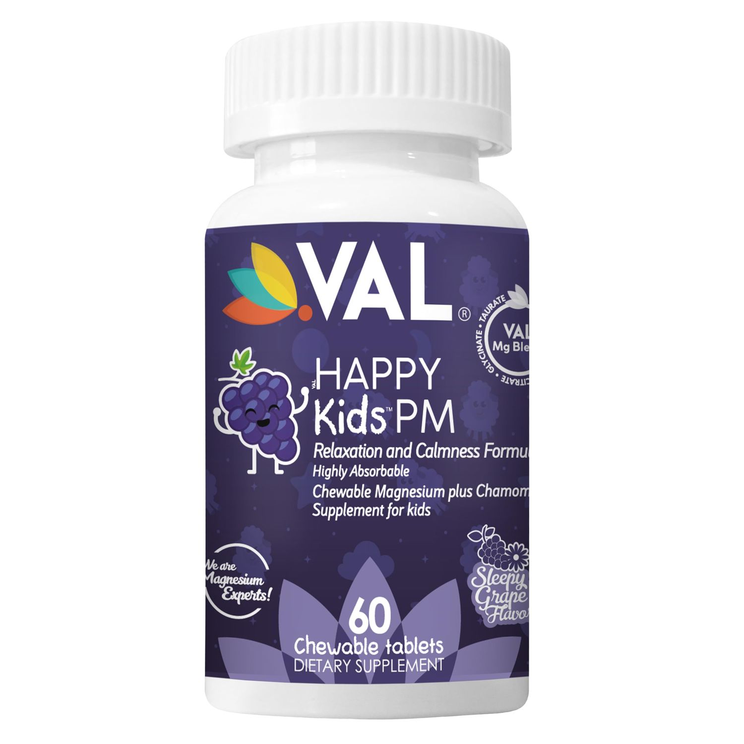 VAL Sugar-Free Calm Magnesium for Kids PM Chewable Tablets Magnesium Glycinate, Citrate Taurate Chamomile Vitamins B6 C Bedtime Support Non-GMO Grape Flavor 60 Count
