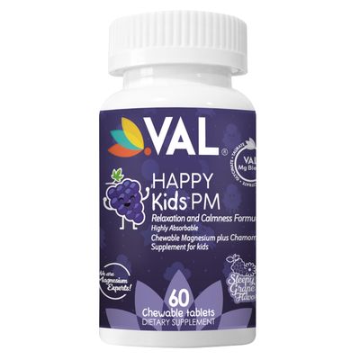 VAL Sugar-Free Calm Magnesium for Kids PM Chewable Tablets Magnesium Glycinate, Citrate Taurate Chamomile Vitamins B6 C Bedtime Support Non-GMO Grape Flavor 60 Count