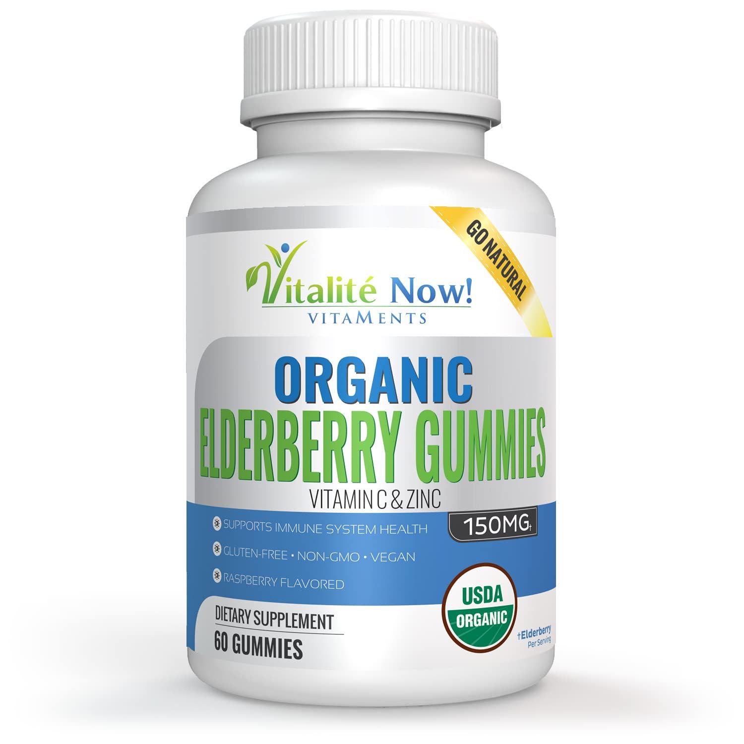 Organic Elderberry Gummies - USDA Certified - Vitamin C Zinc - Chewable Sambucus - Immune System Support - Vegetarian Vegan - Raspberry Flavored - Gluten Free - Non-GMO - 60 Count