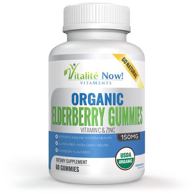 Organic Elderberry Gummies - USDA Certified - Vitamin C Zinc - Chewable Sambucus - Immune System Support - Vegetarian Vegan - Raspberry Flavored - Gluten Free - Non-GMO - 60 Count