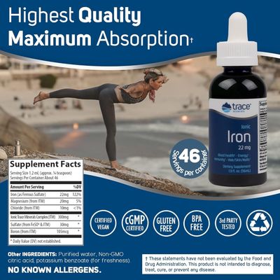 Trace Minerals Ionic Iron, 22mg - Energy Support Supplement with Magnesium Iron - Aid Brain Health Immune System Function - Gluten-Free Liquid Supplement - 1.9 fl oz (2 Pack) (92 Servings)