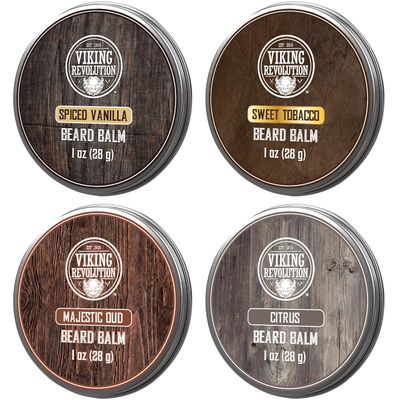 Viking Revolution 4 Beard Balm Variety Pack (1oz Each)- Spiced Vanilla, Sweet Tobacco, Majestic Oud, Citrus - Styles, Strengthens Softens Beards Mustaches - Leave in Conditioner Wax for Men