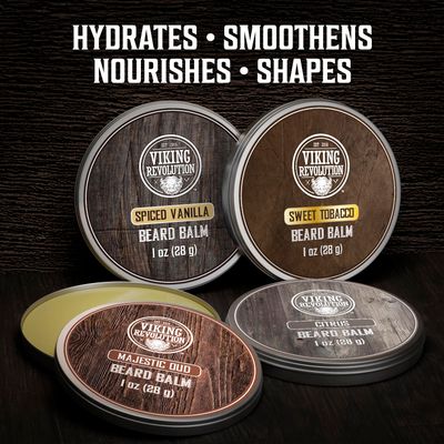 Viking Revolution 4 Beard Balm Variety Pack (1oz Each)- Spiced Vanilla, Sweet Tobacco, Majestic Oud, Citrus - Styles, Strengthens Softens Beards Mustaches - Leave in Conditioner Wax for Men