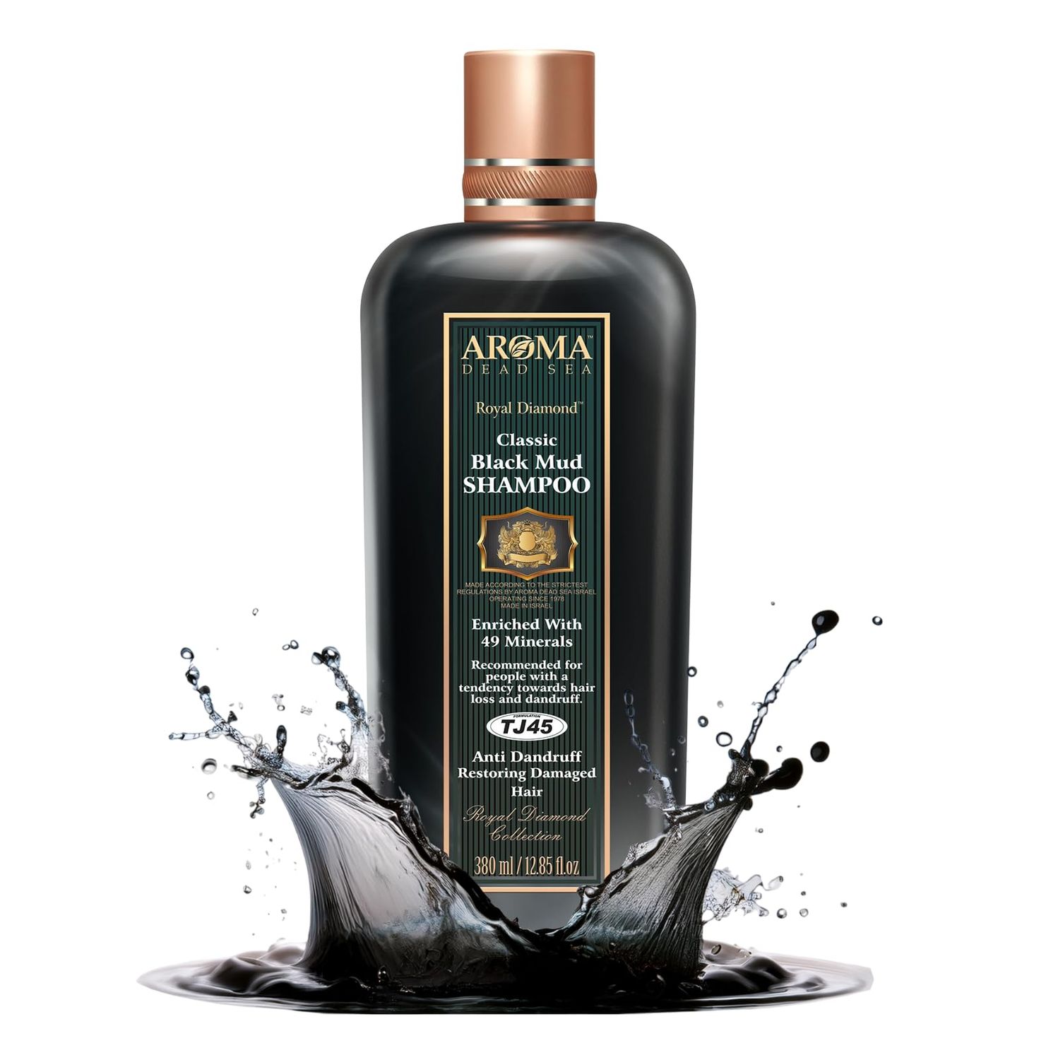 Aroma Dead Sea Black Mud Shampoo - Fights Dandruff, Thinning Hair, Weak Roots Itchy Scalp. Prevents Hair Loss Encourages Growth. Ideal for Damaged Hair (12.85 fl.oz)