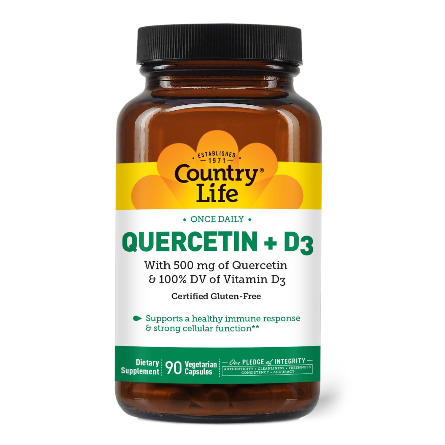 Country Life Quercetin 500mg Capsules with Vitamin D3 800 IU - Immune Support Supplement for Adults - Daily Immune Boosters - Quercetin Immune System Boost, 90 Capsules