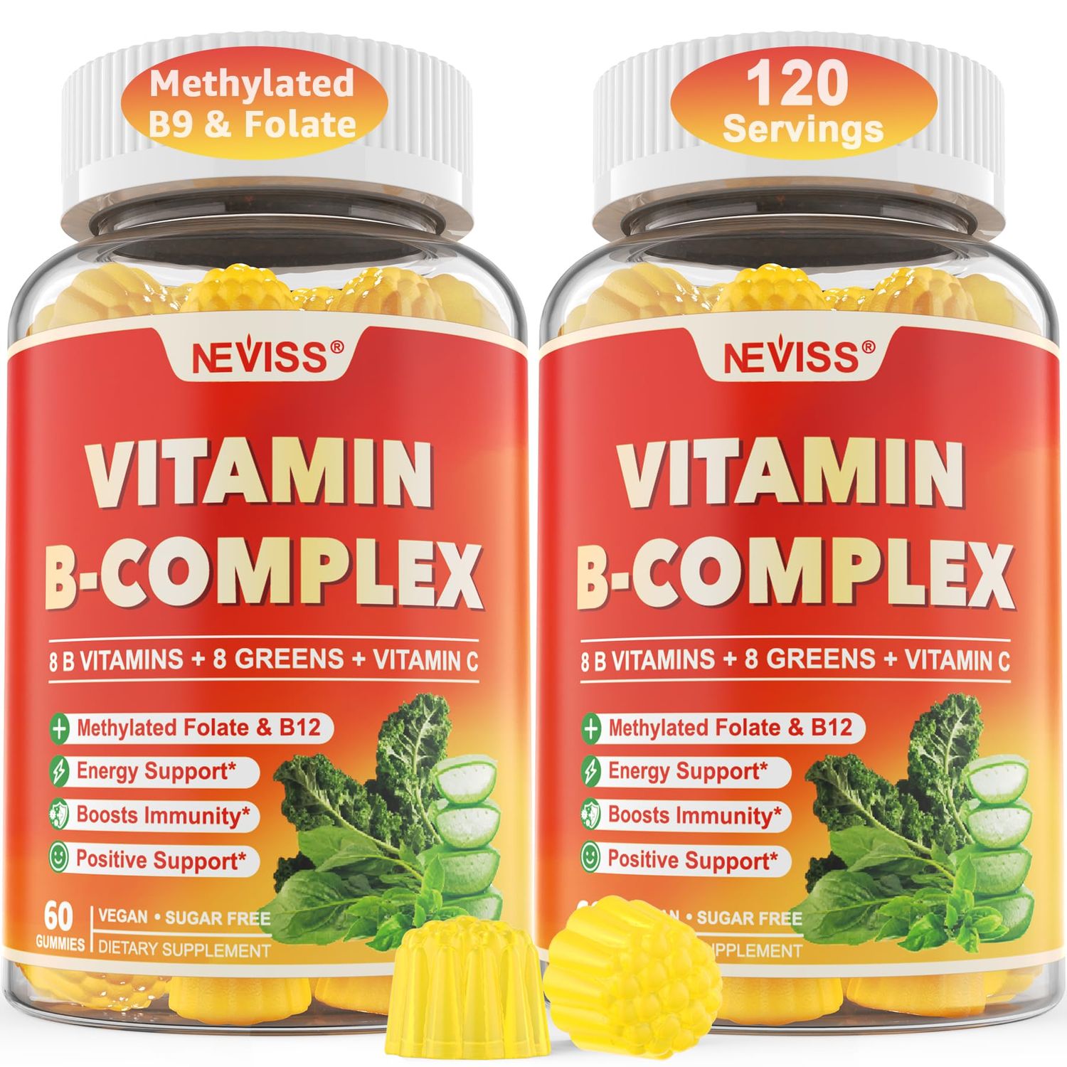 Vitamin B Complex for Women Men Gummies, Methylated B12 Folate with 8 Greens, Thiamine B1 B2 B3 Niacin B5 B6 Biotin, Vitamin C, Zinc for Energy, Brain, Immune Support, Sugar Free, Vegan, 120 Count
