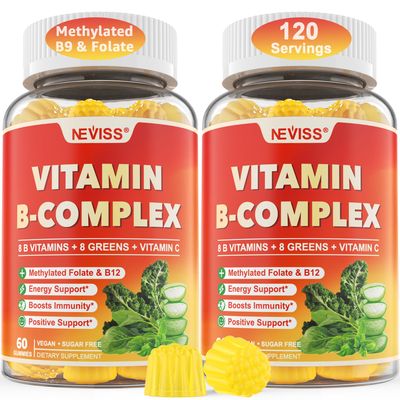 Vitamin B Complex for Women Men Gummies, Methylated B12 Folate with 8 Greens, Thiamine B1 B2 B3 Niacin B5 B6 Biotin, Vitamin C, Zinc for Energy, Brain, Immune Support, Sugar Free, Vegan, 120 Count
