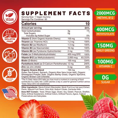 Vitamin B Complex for Women Men Gummies, Methylated B12 Folate with 8 Greens, Thiamine B1 B2 B3 Niacin B5 B6 Biotin, Vitamin C, Zinc for Energy, Brain, Immune Support, Sugar Free, Vegan, 120 Count