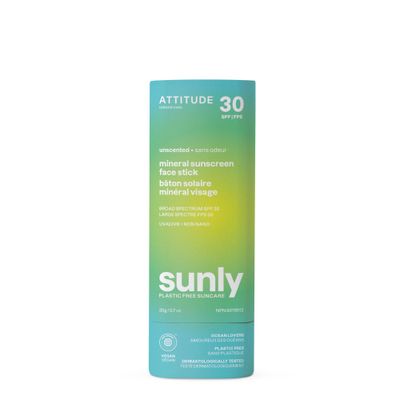 ATTITUDE Mineral Face Sunscreen Stick with Zinc Oxide, SPF 30, EWG Verified, Plastic-Free, Broad Spectrum UVAUVB Protection, Dermatologically Tested, Vegan, Unscented, 0.7 Ounce