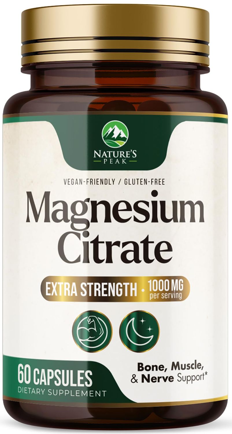 Magnesium Citrate Extra Strength 1000 mg - High Absorption Magnesium Supplement for Muscle, Bone, Nerve Heart Health Support, Magnesio Vitamin Pills, Non-GMO, Nature&#39;s Premium Formula - 60 Capsules