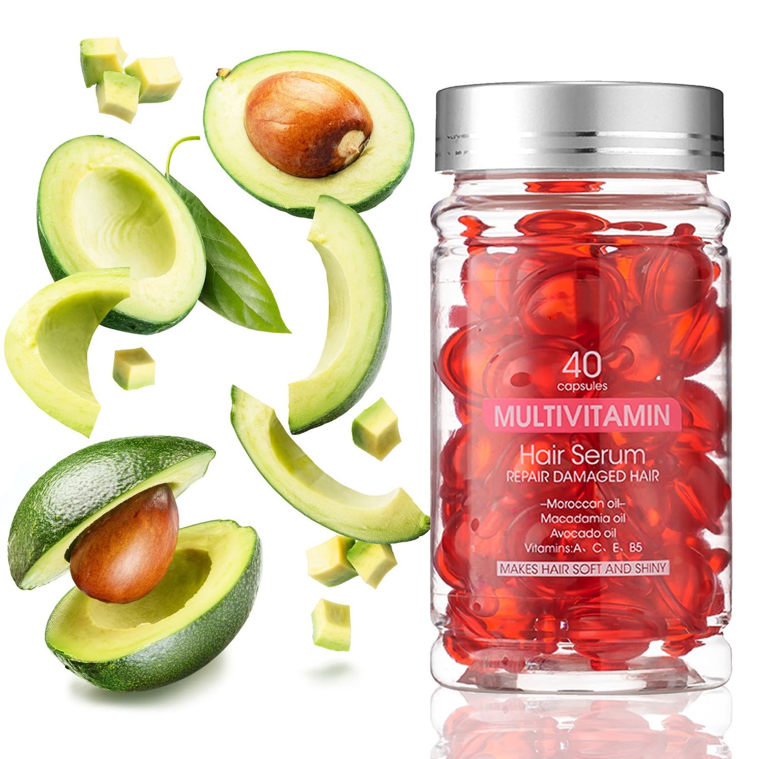 YP 40 Capsules Hair Vitamins A, C, E, B5 - Hair Oil with Argan Avocado Oil - Vitaminas para el Cabello Leave-in Conditioner for Frizzy Hair, Nourishing Hair Serum for Men Women