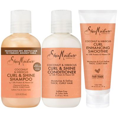 SheaMoisture Curl Shine Shampoo, Conditioner Curl Enhancing Smoothie, Travel-Size - Coconut Hibiscus Curly Hair Products for Shiny Hair Frizz Control, 3.2 Oz Ea (3 Piece Set)