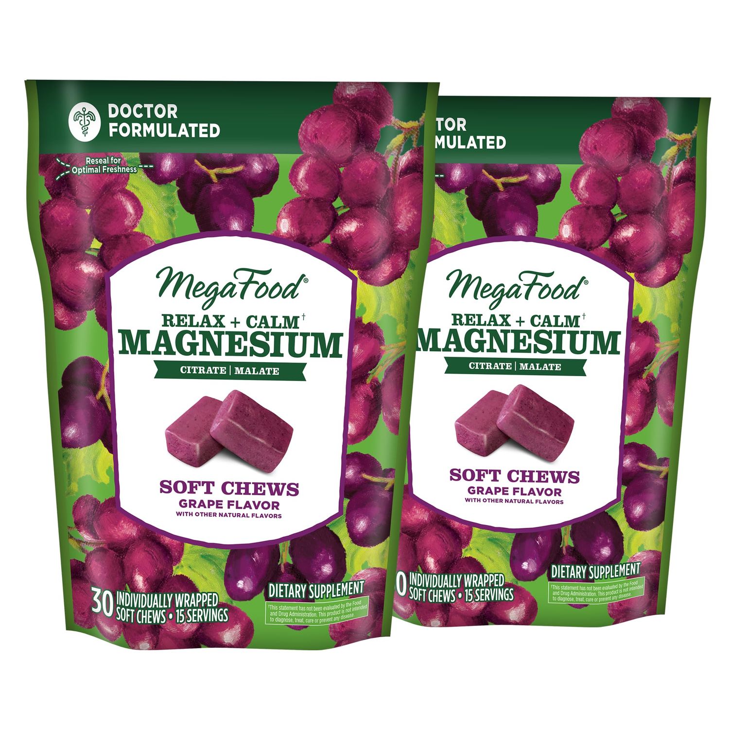 MegaFood Relax Calm Magnesium Supplement -Soft Chews with Magnesium Citrate Magnesium Malate - Grape-Flavor - Dr Formulated - Vegetarian - Without 9 Food Allergens - 30 Chews (Pack of 2)