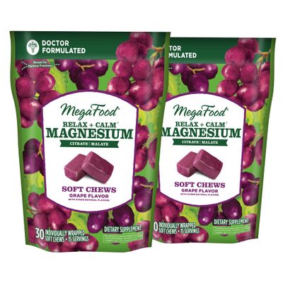 MegaFood Relax Calm Magnesium Supplement -Soft Chews with Magnesium Citrate Magnesium Malate - Grape-Flavor - Dr Formulated - Vegetarian - Without 9 Food Allergens - 30 Chews (Pack of 2)