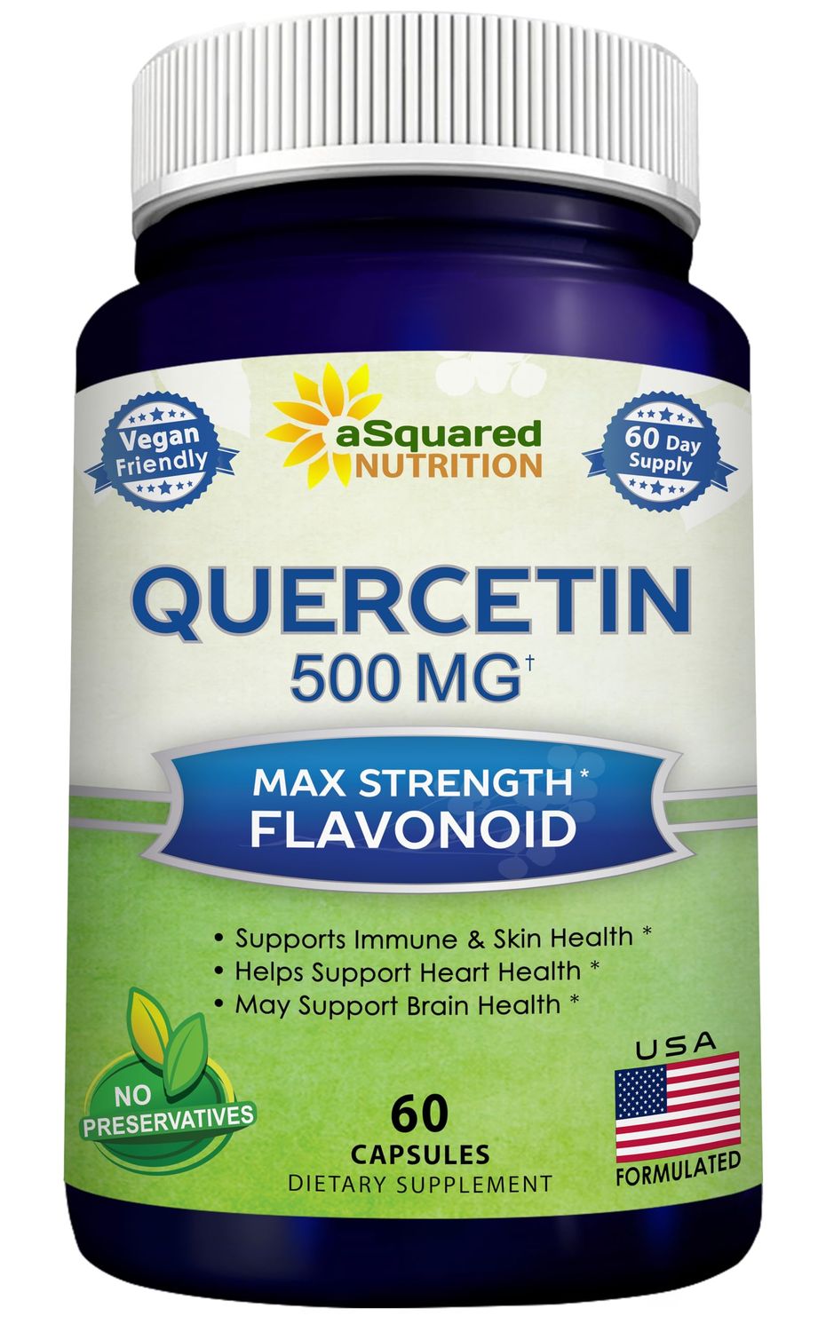aSquared Nutrition Quercetin 500mg Supplement - 60 Capsules - Quercitin Dihydrate Powder Complex Pills to Support Immune Response Cardiovascular Health - Pure Max Strength