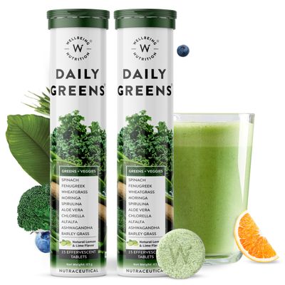 WELLBEING NUTRITION Daily Greens, Wholefood Multivitamin with Vitamin C, Zinc, B6, B12 for Immunity and Detox with 39 Organic Certified Plant Superfoods Antioxidants(15Tabs x 2) (63 g (Pack of 2))