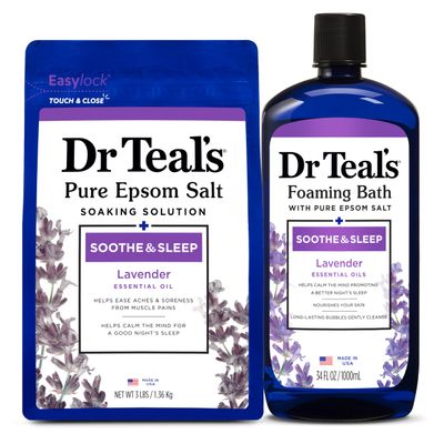 Dr Teal&#39;s Pure Epsom Magnesium Salt Soak and Foaming Bath, Soothe Sleep with Lavender Essential Oils, Duo Pack