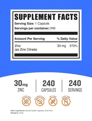 BulkSupplements.com Zinc Citrate Capsules - Zinc Supplements, Gluten Free - 30mg per Serving, 1 Capsule per Serving, 240 Count (Pack of 1)