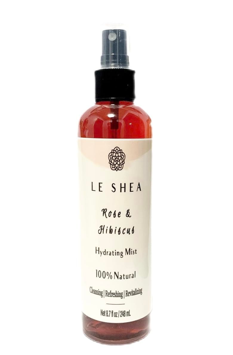 LE SHEA Hibiscus Rose Water Spray with Aloe Vera, Rose Oil, All Natural Hydrating Facial Mist, Refresh Moisturize Hair Beard Braid Dreadlock Loc Condition Skin Body Face Rosewater Leave In 8.7 oz