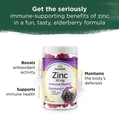 Swanson Zinc Gummies - All Natural Vitamin Supplement Promoting Antioxidant Activity Bodily Defense - Helps to Support Your Immune System A Healthy Body - (Elderberry, 60 Gummies)