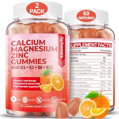 Sugar Free Calcium Magnesium Zinc Supplement Gummies with Vitamin D3 B12 for Women and Men High Absorption Calcium Magnesium Supplement for Bone Teeth Strength, Muscle Immune (120 Counts)