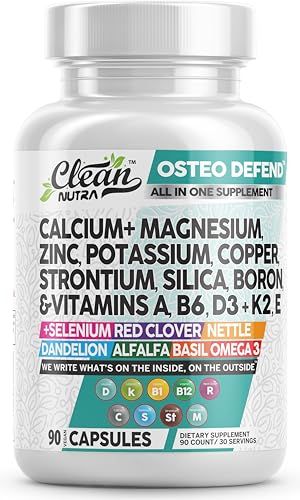 Clean Nutraceuticals Calcium Magnesium Zinc Supplement with Potassium, Copper, Strontium, Silica, Vitamin D3 K2, Boron, Vitamin B1 B12 Red Clover Herb Alfalfa Basil Pills for Men Women Osteo Defend