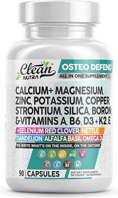 Clean Nutraceuticals Calcium Magnesium Zinc Supplement with Potassium, Copper, Strontium, Silica, Vitamin D3 K2, Boron, Vitamin B1 B12 Red Clover Herb Alfalfa Basil Pills for Men Women Osteo Defend