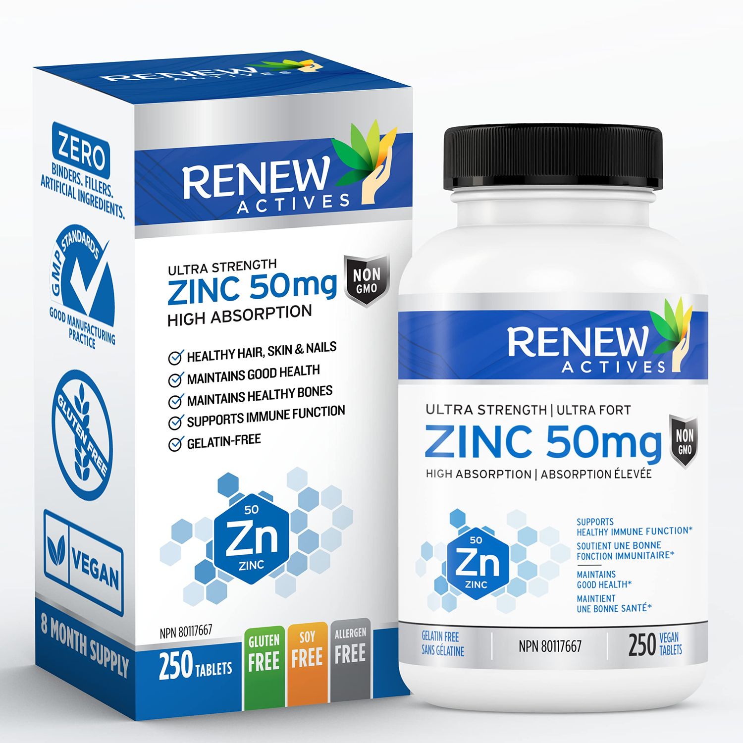 Renew Actives Zinc Supplements 50MG per Serving - Essential for Immune Health, Strong Bones Promoting Healthy Hair, Nails Glowing Skin for Daily Use - Made in Canada - 250 Tablets