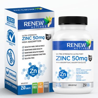 Renew Actives Zinc Supplements 50MG per Serving - Essential for Immune Health, Strong Bones Promoting Healthy Hair, Nails Glowing Skin for Daily Use - Made in Canada - 250 Tablets