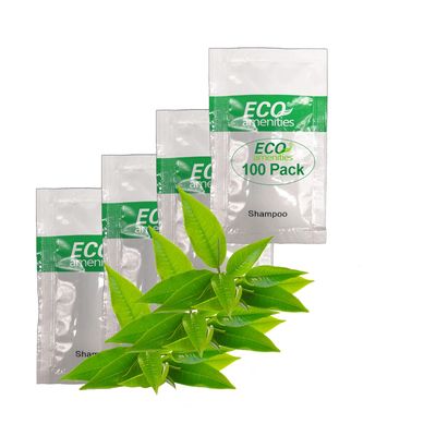 ECO amenities Hotel Mini Shampoo Sachets for Guests - Refreshing Green Tea Scented Toiletries for AirBnB Rentals - 0.35 fl oz (10ml), 100 Pack