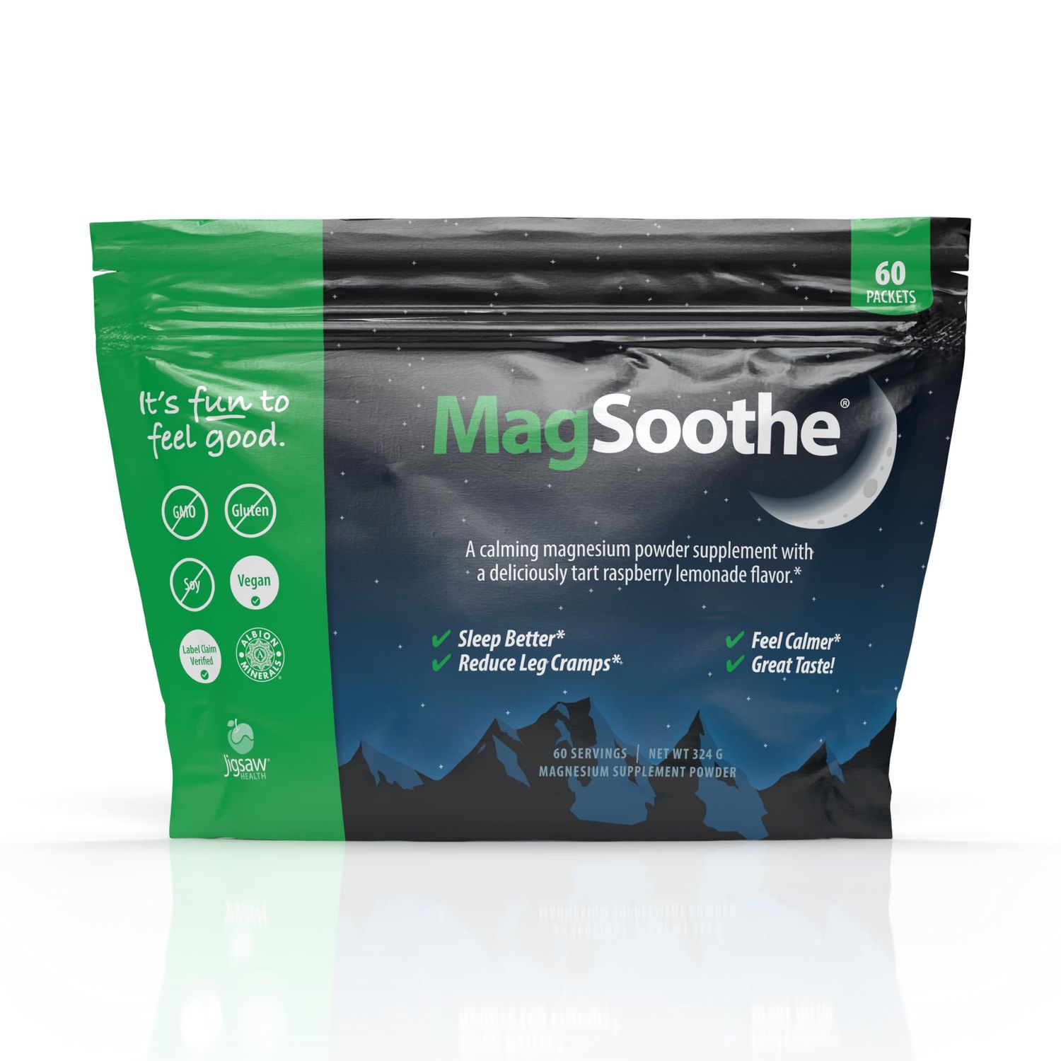 Jigsaw Health MagSoothe Fast-Acting, Calming Magnesium Glycinate Powder Supplement Raspberry Lemonade Flavor 60 Servings (Packets)