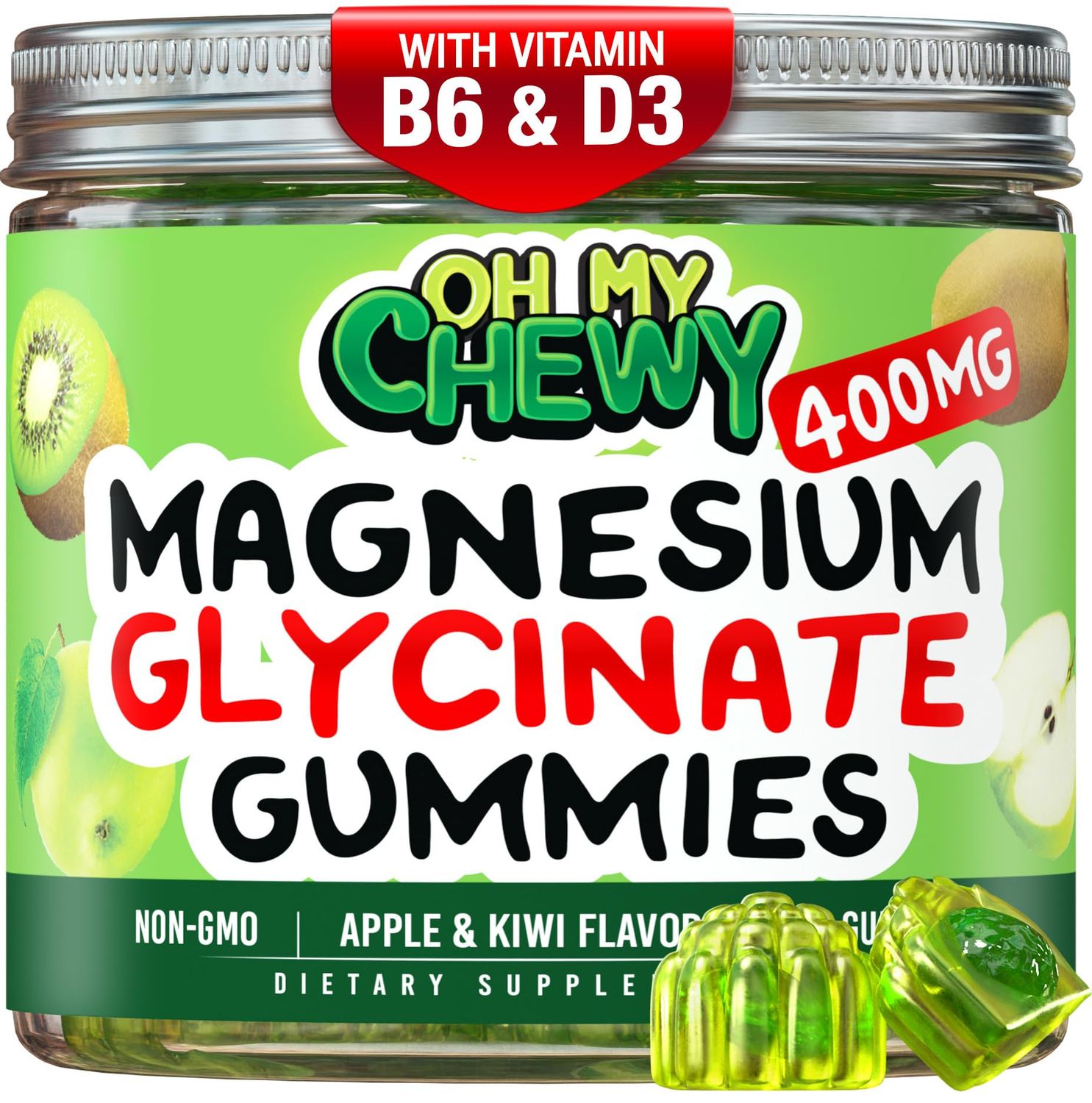 Center-Filled Magnesium Glycinate Gummies 400MG - High Absorption for Kids, Teens Adults - Supplement for Sleep, Calm Muscle Relaxation with B6 D3 - Gluten Free Vegan Friendly - 60 Count