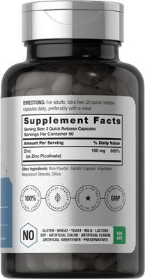 Horb ach Zinc Picolinate 100mg 180 Capsules High Potency Non-GMO, Gluten Free Zinc Supplement