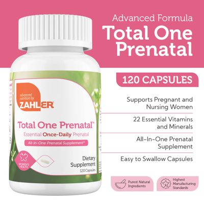 Zahler - Total One Prenatal Vitamins for Women (120 Count) Daily Multi Vitamin Prenatals with Folic Acid, Iron, Zinc 19 Other Essential Vitamins Minerals - Kosher Pre Natal Multivitamin Capsules