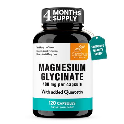 Magnesium Glycinate 400mg Capsules with Quercetin Quality Sleep, Relaxation, Muscle, Bone Health Immune Support 120 Count Easy to Swallow for Women and Men