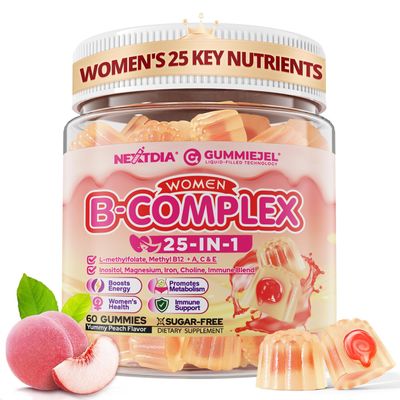 Vitamin B Complex Gummies for Women Sugar Free, Super Methylated B Complex w Methyl B12, L-methylfolate, Iron, Vitamin C, Inositol, Magnesium, Choline, Biotin, B2 B3 B5 B6, Orgainc Fruit Blend, 60Cts
