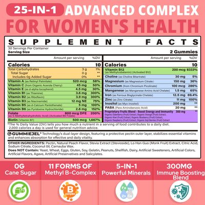 Vitamin B Complex Gummies for Women Sugar Free, Super Methylated B Complex w Methyl B12, L-methylfolate, Iron, Vitamin C, Inositol, Magnesium, Choline, Biotin, B2 B3 B5 B6, Orgainc Fruit Blend, 60Cts