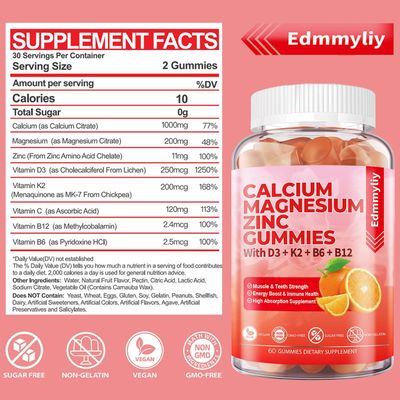 Sugar Free Calcium Magnesium Zinc Supplement Gummies with Vitamin D3 B12 for Women and Men High Absorption Calcium Magnesium Supplement for Bone Teeth Strength, Muscle Immune (120 Counts)