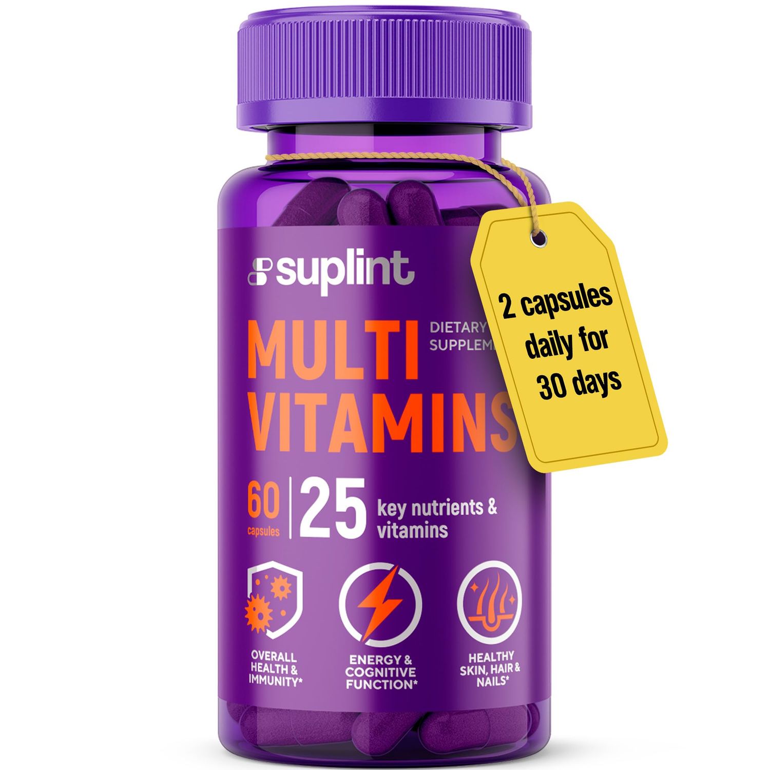 Multivitamin Supplement Complex with Vitamin A, C, D, E, K1, B, Zinc Chromium Hair, Skin Nail Beauty Vitamins Immune Support Supplements for Men Women 60 Capsules