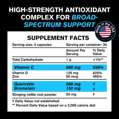Quercetin with Bromelain 500mg Capsules, Supports Immune Response, Joint Comfort, Overall Wellness - Vitamin C, Zinc 50mg, Vitamin D3 5000 IU - Immunity Health Pills Quercetin Bromelain Supplement