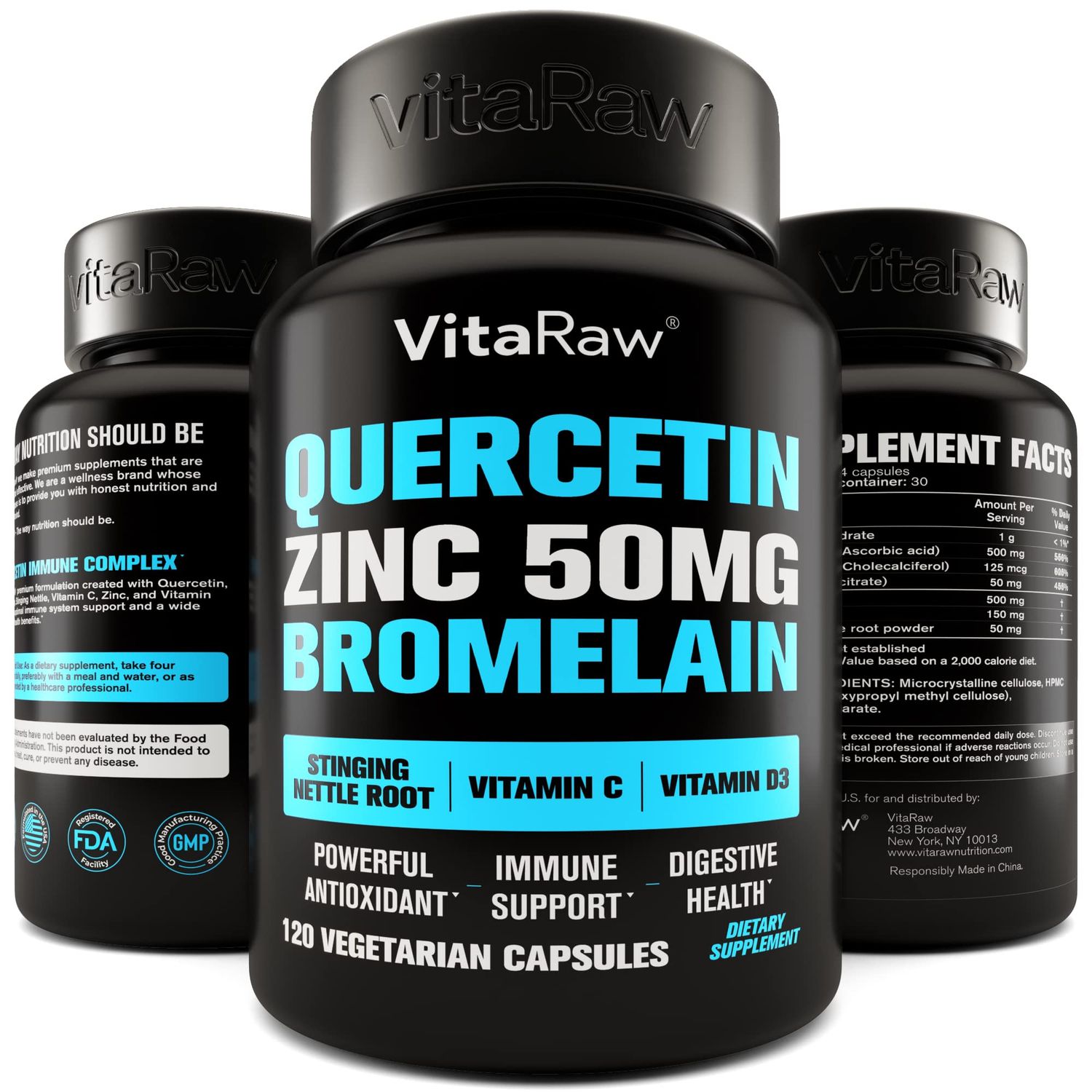 Quercetin with Bromelain 500mg Capsules, Supports Immune Response, Joint Comfort, Overall Wellness - Vitamin C, Zinc 50mg, Vitamin D3 5000 IU - Immunity Health Pills Quercetin Bromelain Supplement