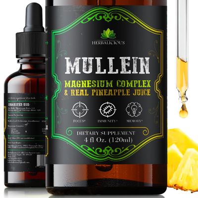HERBALICIOUS Mullein Leaf Extract for Lungs - Lung Detox for Smokers - Mullein Magnesium Complex - Verbascum Thapsus Liquid Supplement - Vegan, Non-GMO Respiratory Support Drops - 4 fl oz