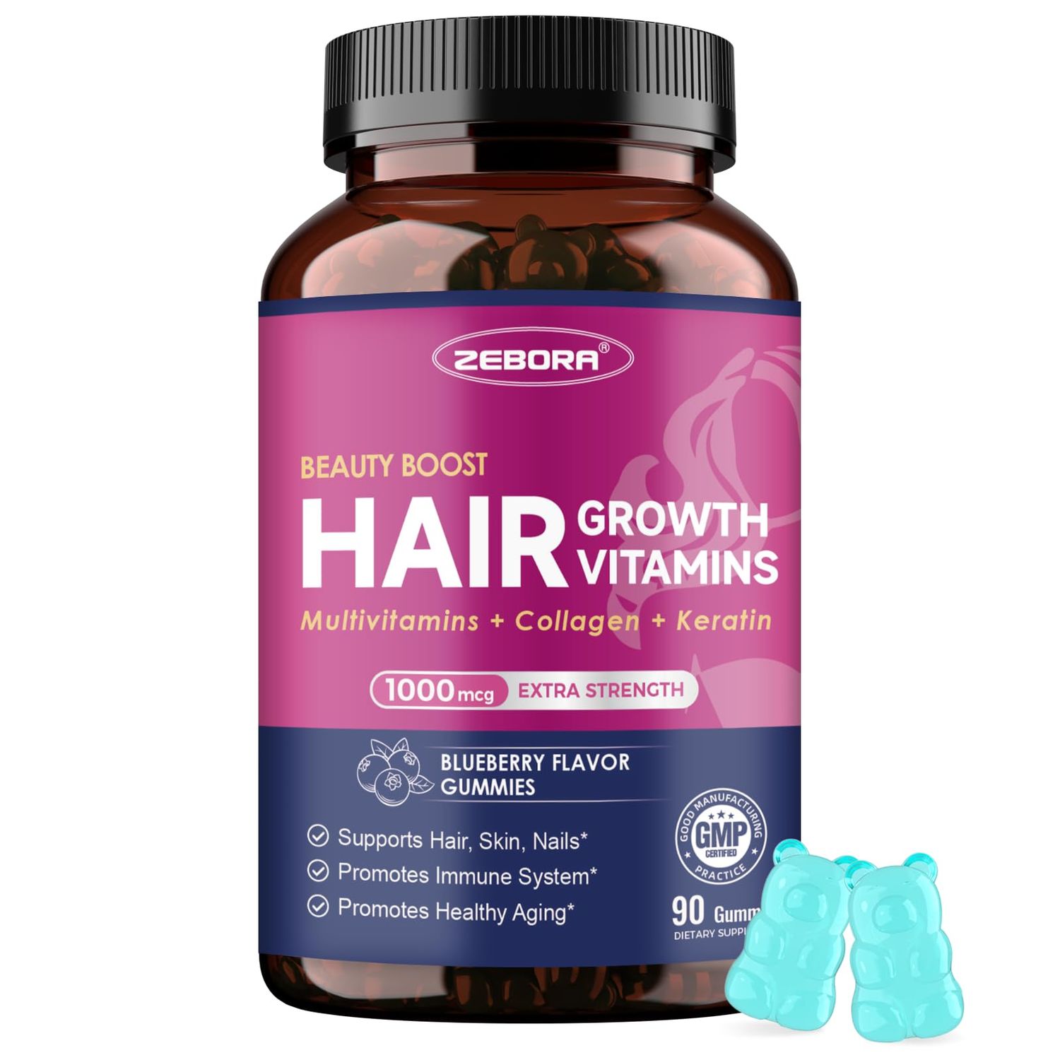 Biotin Gummies for Hair Skin and Nails -Hair Vitamins with Biotin, Zinc, Vitamin A, B6, B12, D3 More - Support Healthy Skin, Hair Growth, Stronger Nails for Women and Men - 90 Blueberry Gummies